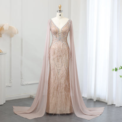 Luxury Feathers Blue Evening Dress with Cape Sleeves