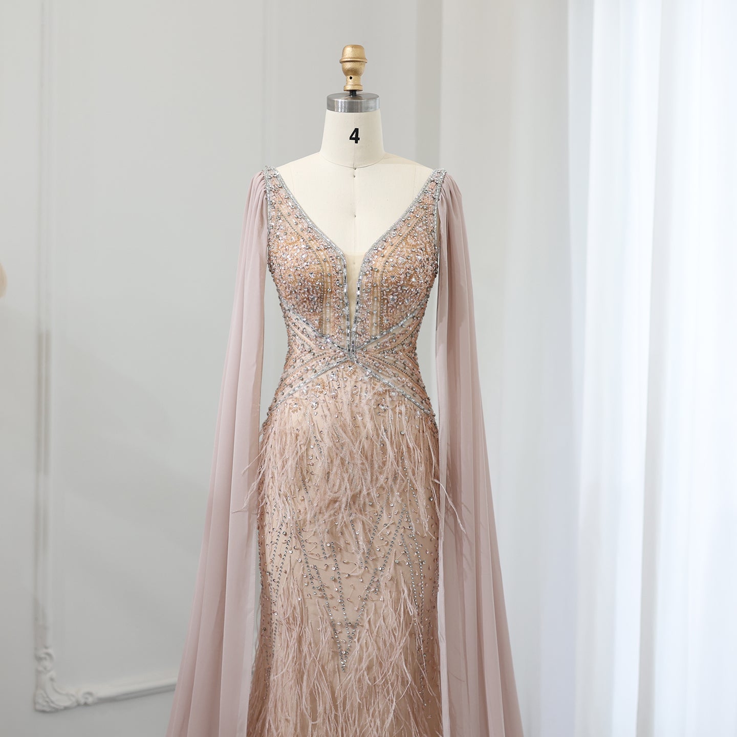Luxury Feathers Blue Evening Dress with Cape Sleeves