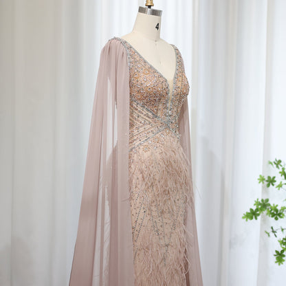 Luxury Feathers Blue Evening Dress with Cape Sleeves