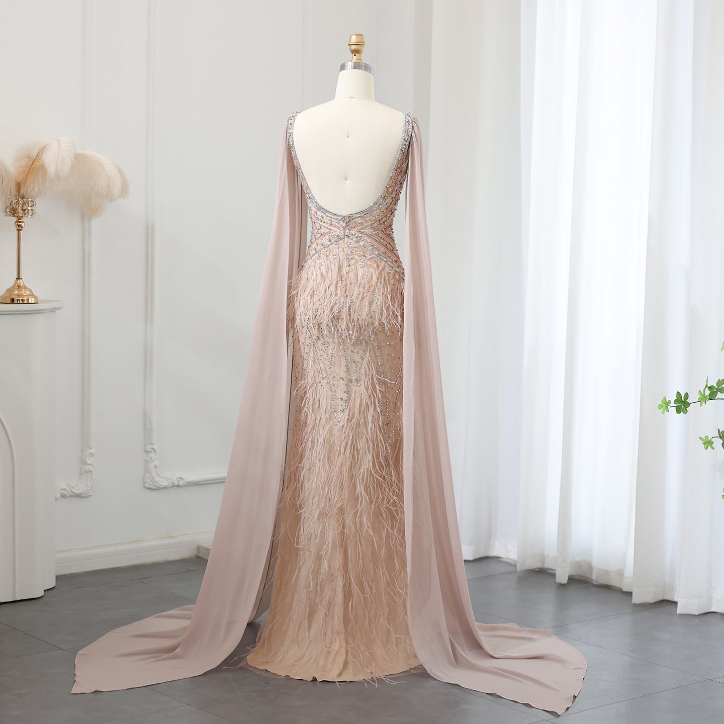 Luxury Feathers Blue Evening Dress with Cape Sleeves