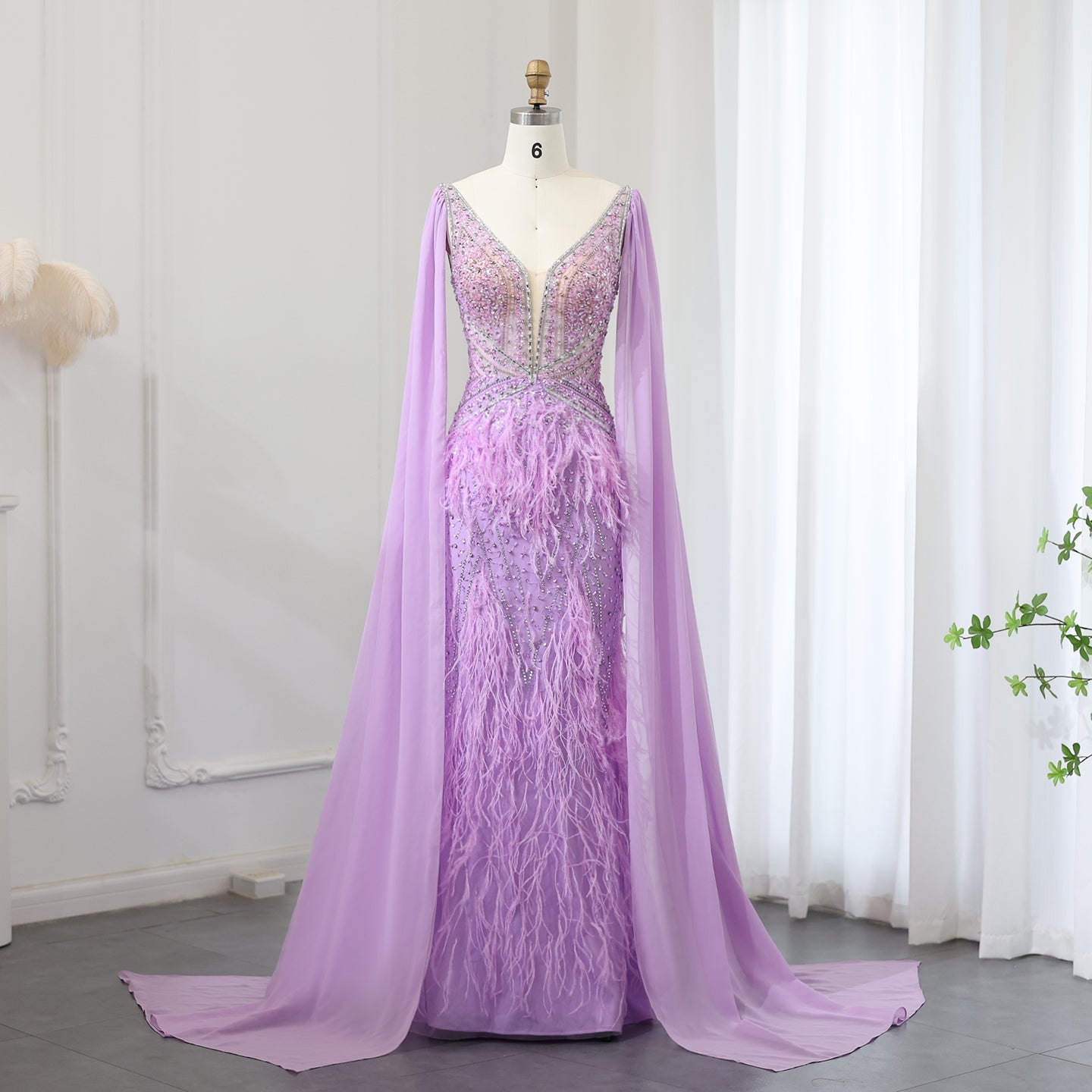 Luxury Feathers Blue Evening Dress with Cape Sleeves