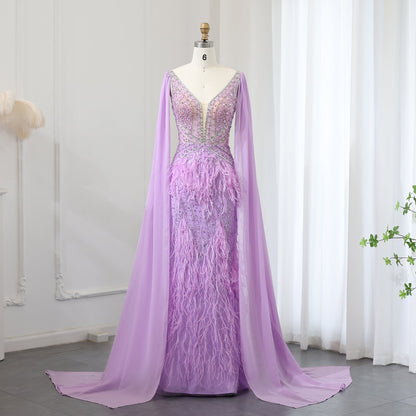 Luxury Feathers Blue Evening Dress with Cape Sleeves