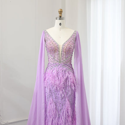 Luxury Feathers Blue Evening Dress with Cape Sleeves
