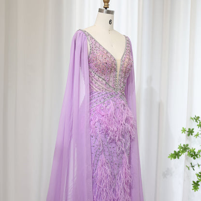 Luxury Feathers Blue Evening Dress with Cape Sleeves