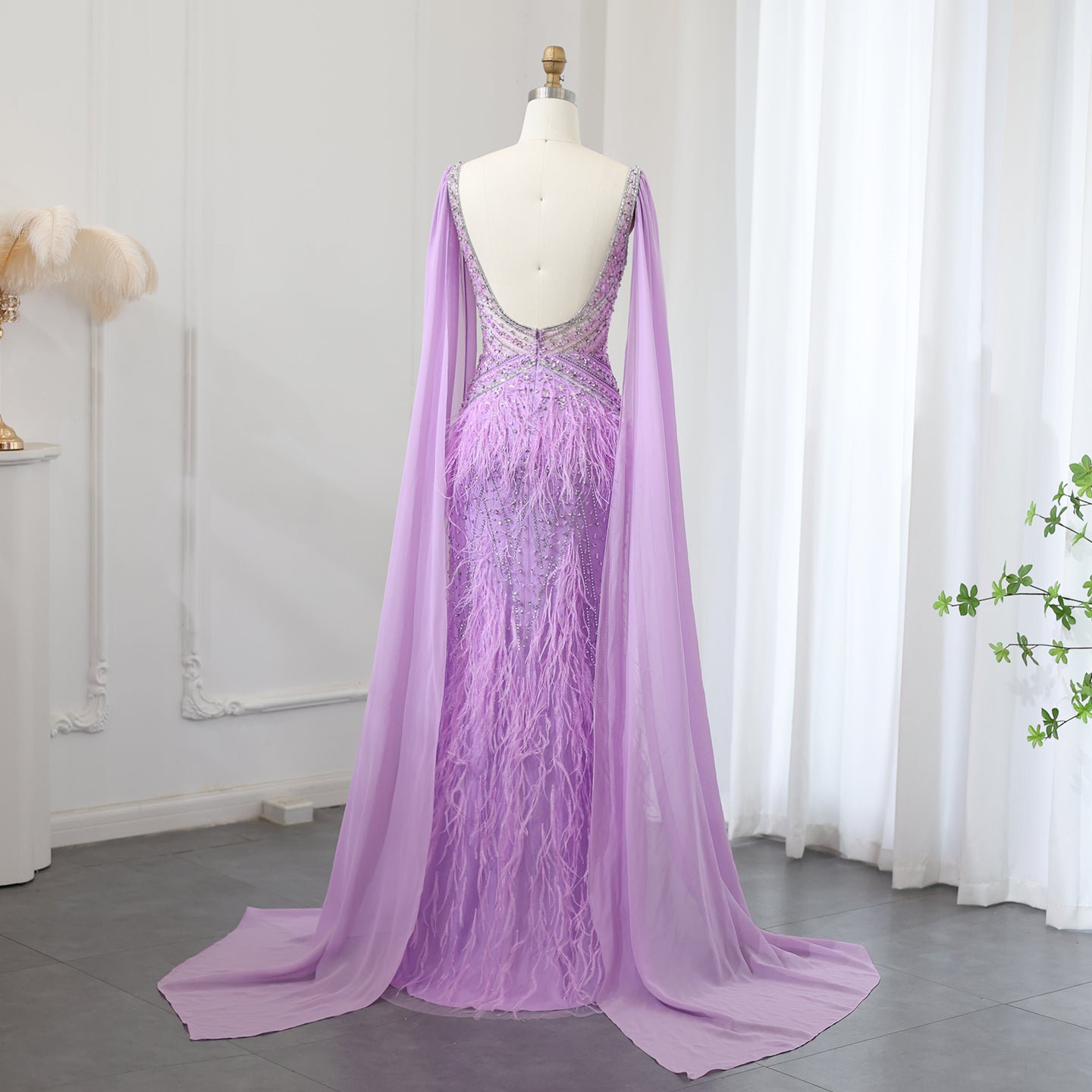 Luxury Feathers Blue Evening Dress with Cape Sleeves