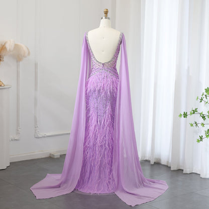 Luxury Feathers Blue Evening Dress with Cape Sleeves