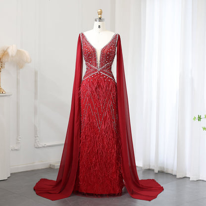 Luxury Feathers Blue Evening Dress with Cape Sleeves