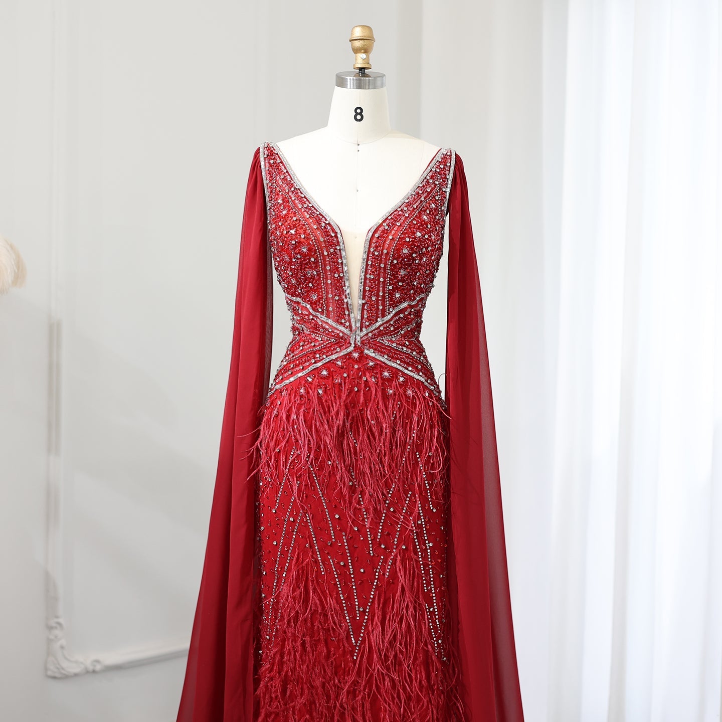 Luxury Feathers Blue Evening Dress with Cape Sleeves