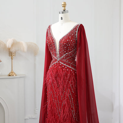 Luxury Feathers Blue Evening Dress with Cape Sleeves