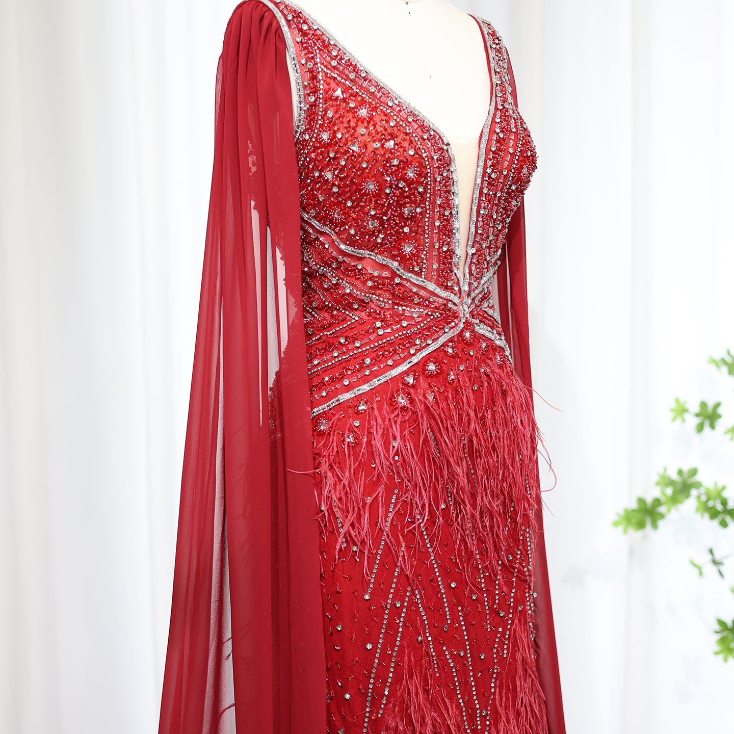 Luxury Feathers Blue Evening Dress with Cape Sleeves