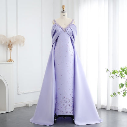 Luxury Lilac Beaded Off Shoulder Evening Dress with Cape