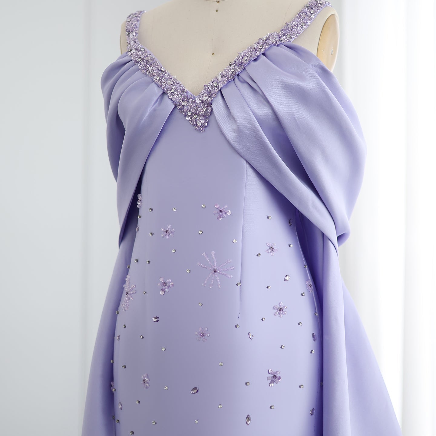 Luxury Lilac Beaded Off Shoulder Evening Dress with Cape