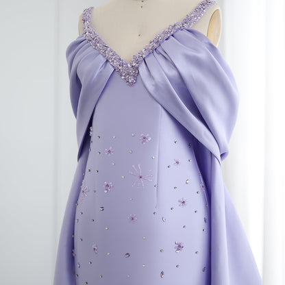 Luxury Lilac Beaded Off Shoulder Evening Dress with Cape