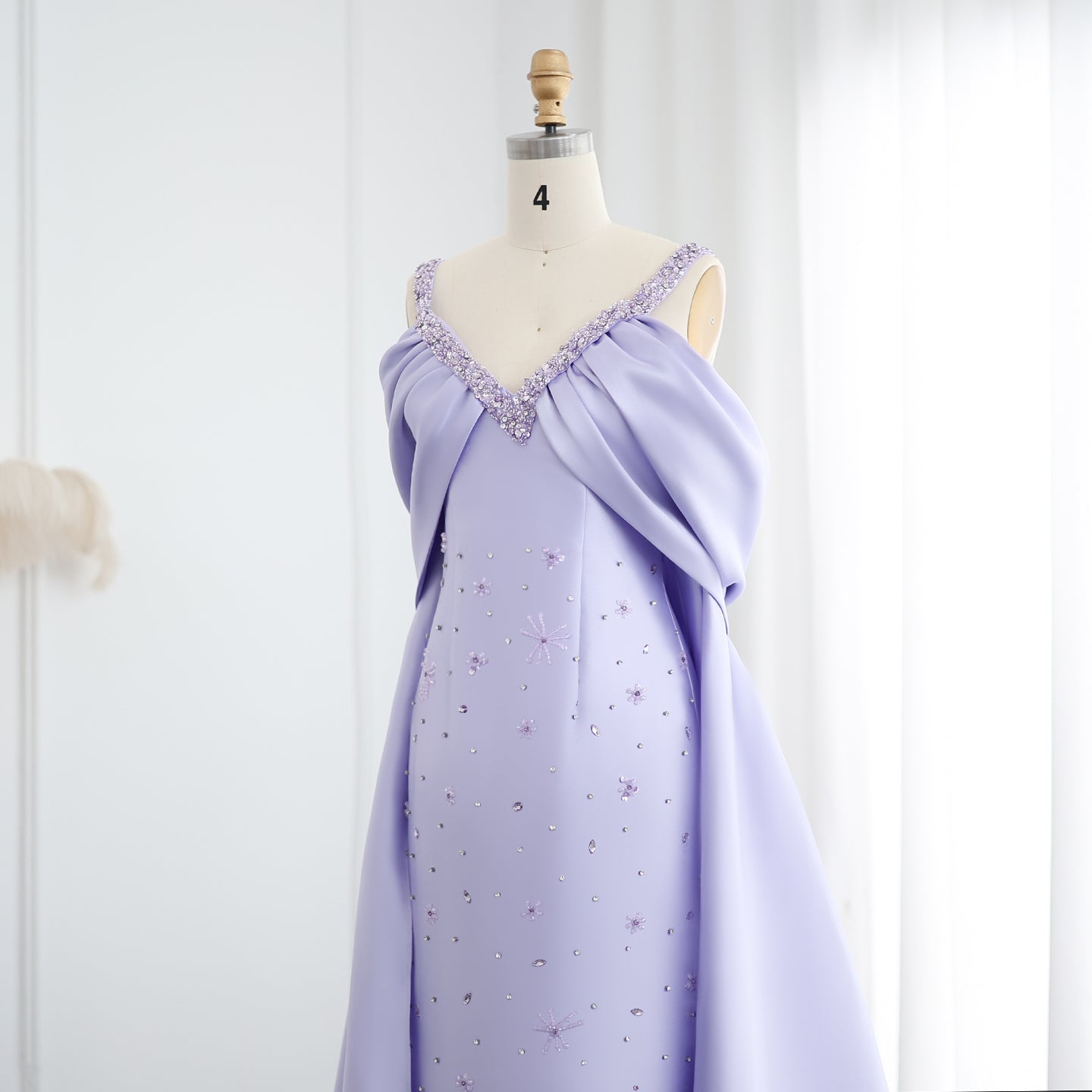 Luxury Lilac Beaded Off Shoulder Evening Dress with Cape