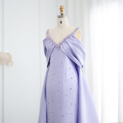 Luxury Lilac Beaded Off Shoulder Evening Dress with Cape