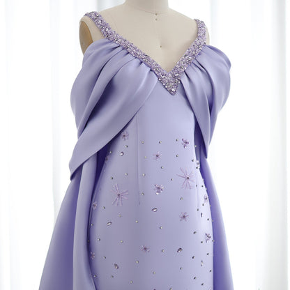 Luxury Lilac Beaded Off Shoulder Evening Dress with Cape
