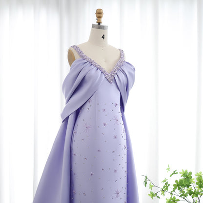 Luxury Lilac Beaded Off Shoulder Evening Dress with Cape