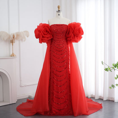 Luxury Pearl Red Evening Dress with 3D Flowers Cape