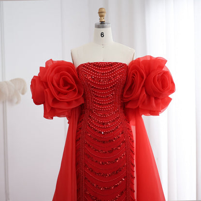 Luxury Pearl Red Evening Dress with 3D Flowers Cape