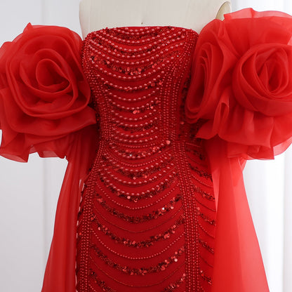 Luxury Pearl Red Evening Dress with 3D Flowers Cape