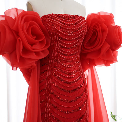 Luxury Pearl Red Evening Dress with 3D Flowers Cape