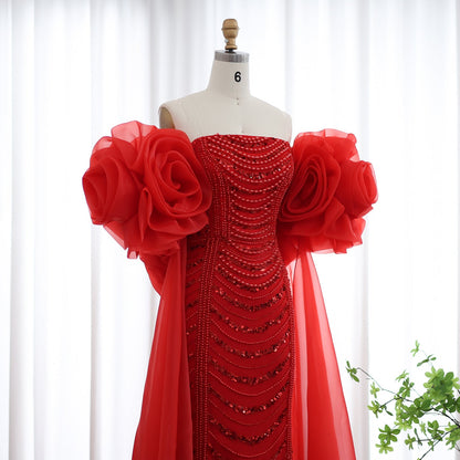 Luxury Pearl Red Evening Dress with 3D Flowers Cape
