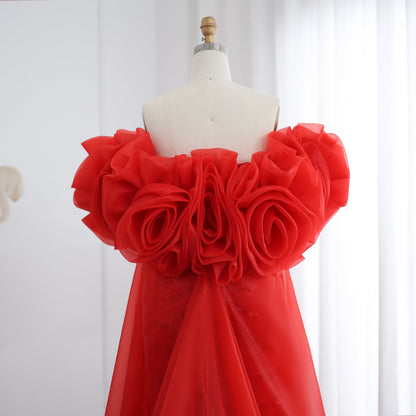 Luxury Pearl Red Evening Dress with 3D Flowers Cape