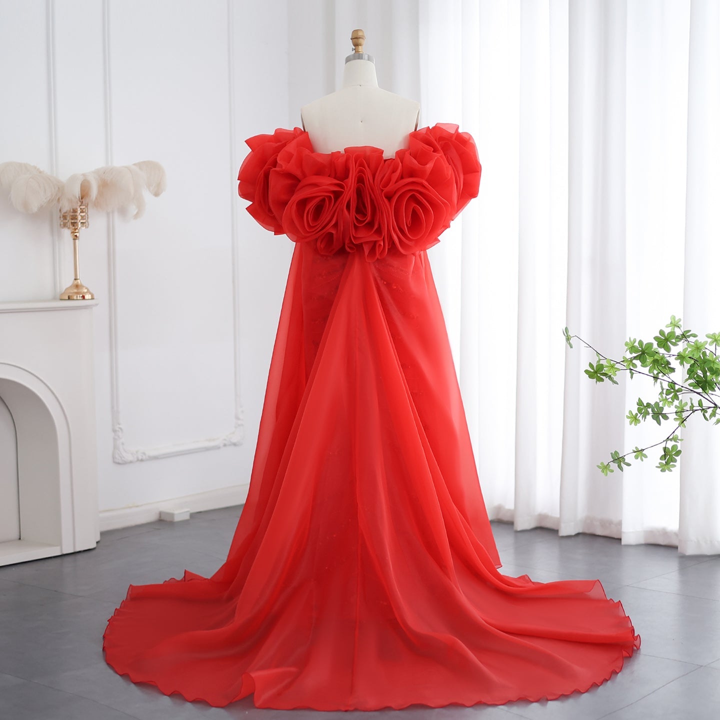 Luxury Pearl Red Evening Dress with 3D Flowers Cape