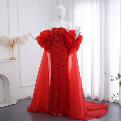 Luxury Pearl Red Evening Dress with 3D Flowers Cape