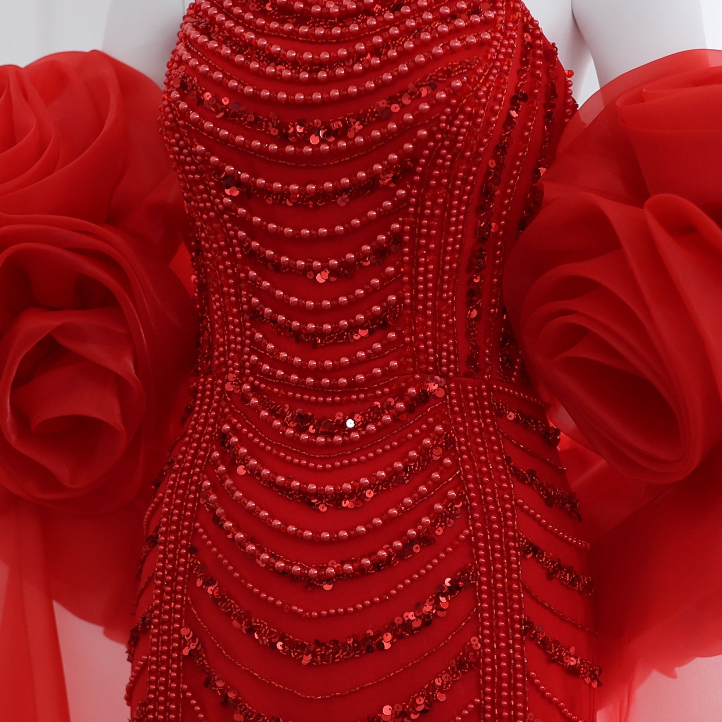 Luxury Pearl Red Evening Dress with 3D Flowers Cape