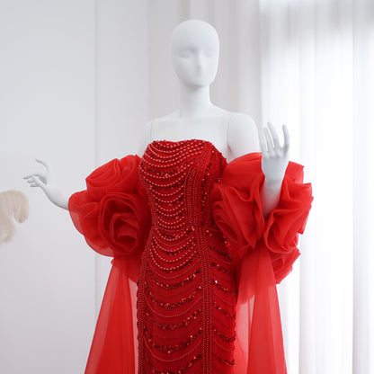 Luxury Pearl Red Evening Dress with 3D Flowers Cape
