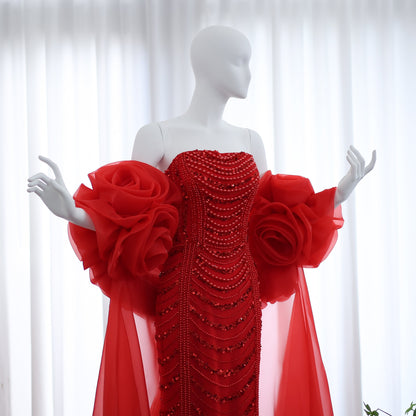 Luxury Pearl Red Evening Dress with 3D Flowers Cape