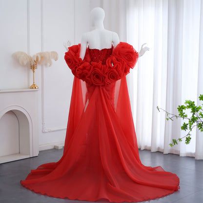 Luxury Pearl Red Evening Dress with 3D Flowers Cape