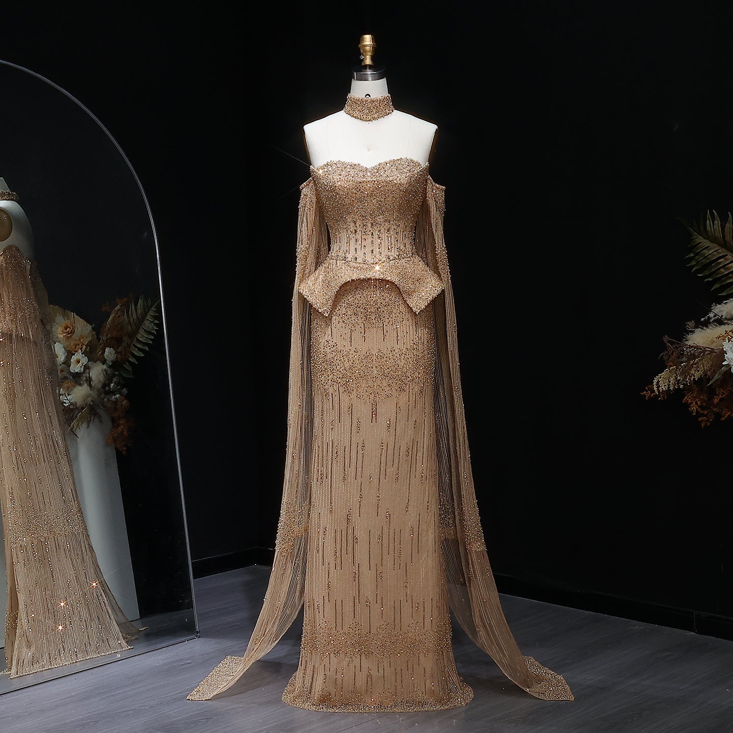 Stunning Gold Crystal Off Shoulder Evening Dress with Cape Sleeves