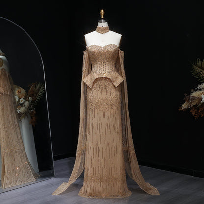 Stunning Gold Crystal Off Shoulder Evening Dress with Cape Sleeves