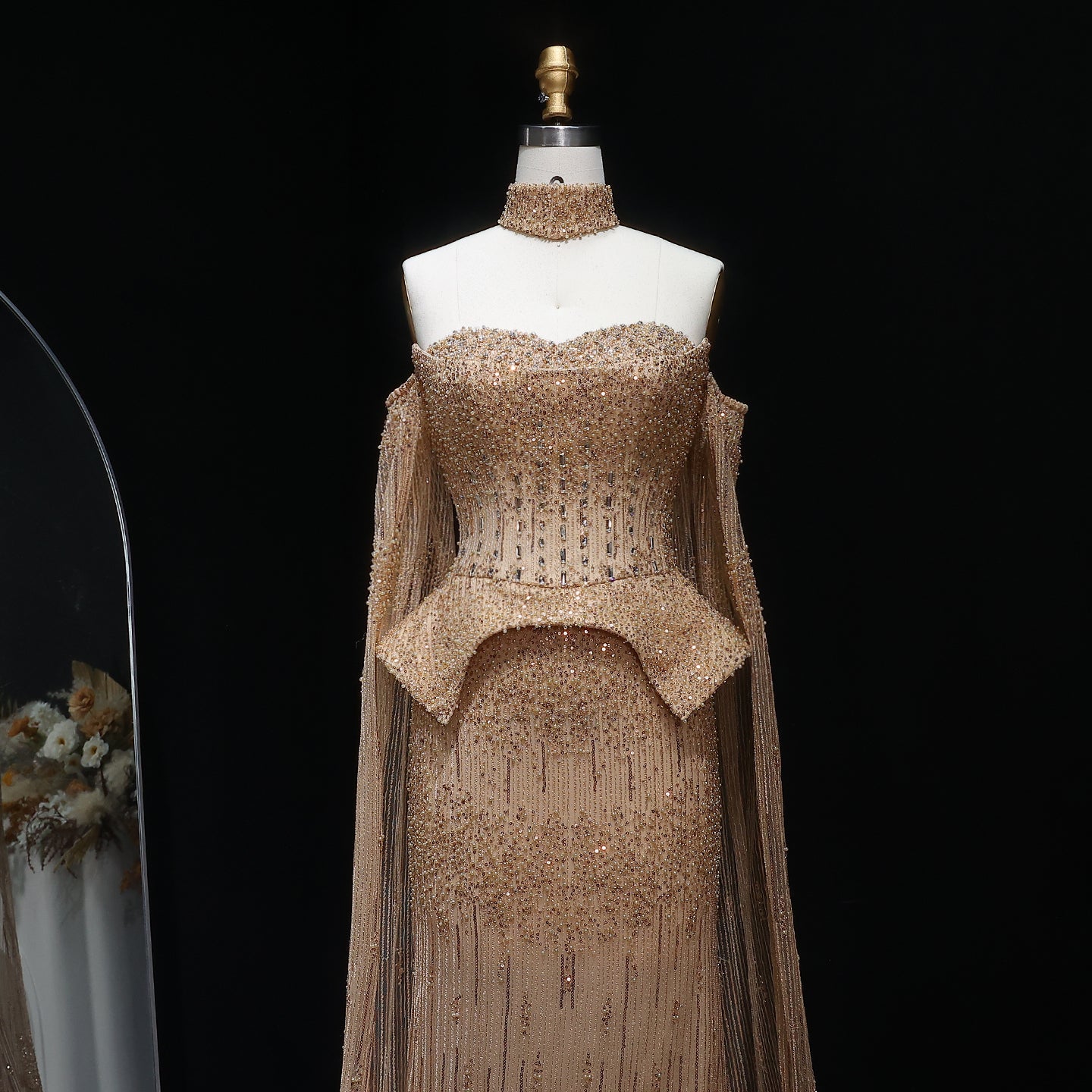 Stunning Gold Crystal Off Shoulder Evening Dress with Cape Sleeves