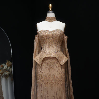 Stunning Gold Crystal Off Shoulder Evening Dress with Cape Sleeves