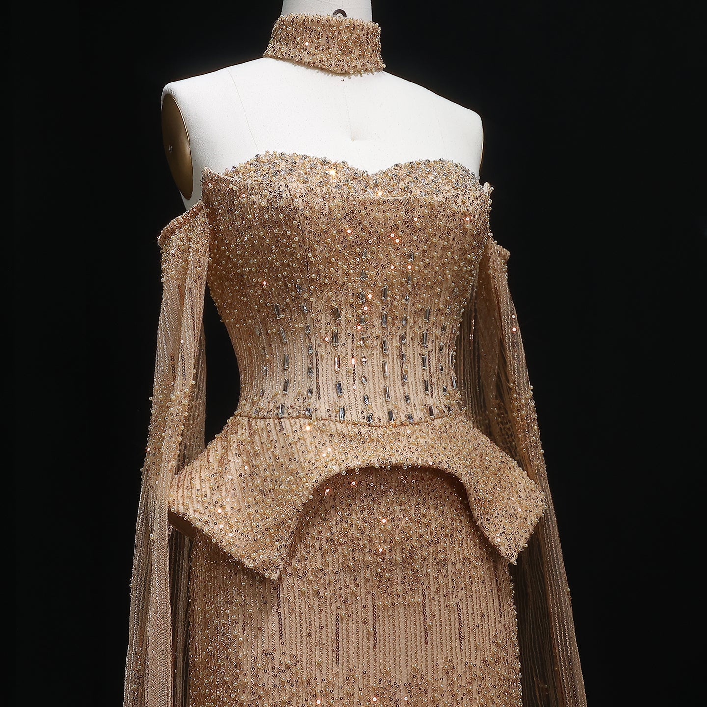 Stunning Gold Crystal Off Shoulder Evening Dress with Cape Sleeves