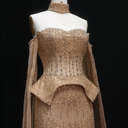 Stunning Gold Crystal Off Shoulder Evening Dress with Cape Sleeves