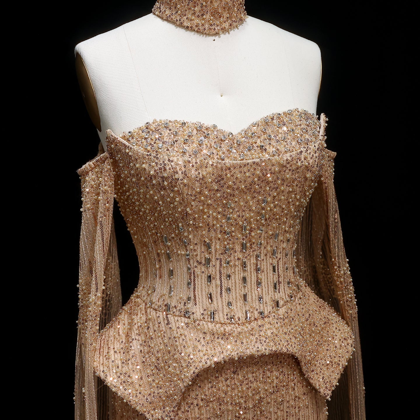 Stunning Gold Crystal Off Shoulder Evening Dress with Cape Sleeves