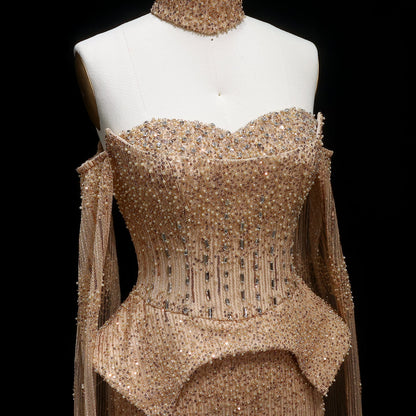 Stunning Gold Crystal Off Shoulder Evening Dress with Cape Sleeves