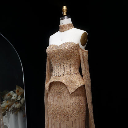 Stunning Gold Crystal Off Shoulder Evening Dress with Cape Sleeves