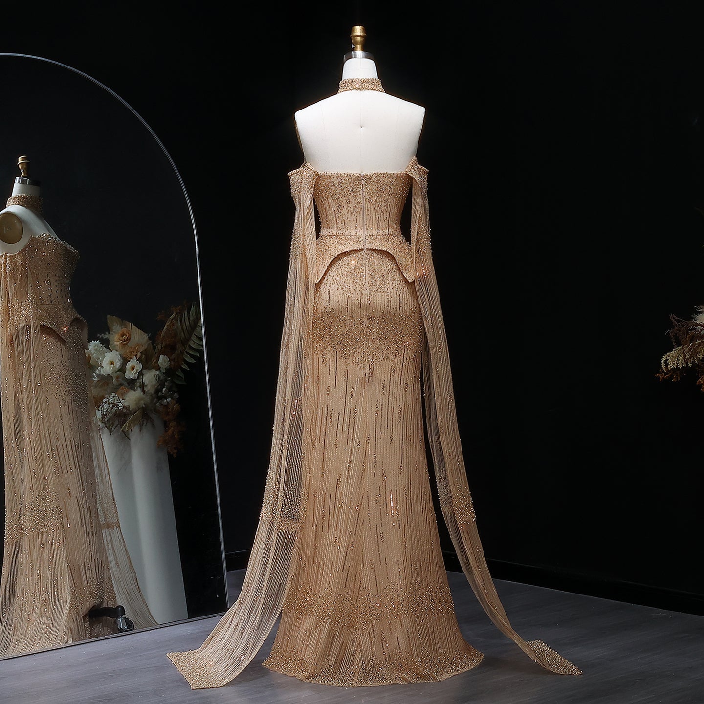 Stunning Gold Crystal Off Shoulder Evening Dress with Cape Sleeves