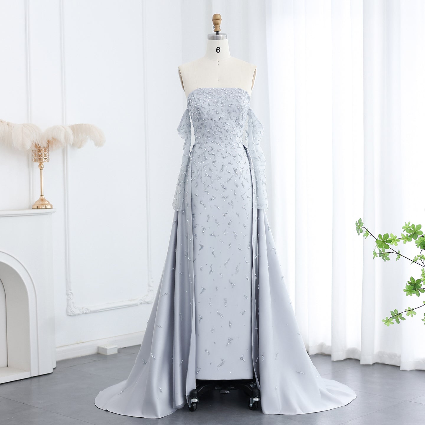 Luxury Silver Gray Evening Dress with Overskirt Sleeves