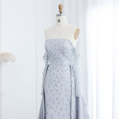 Luxury Silver Gray Evening Dress with Overskirt Sleeves