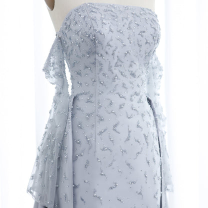 Luxury Silver Gray Evening Dress with Overskirt Sleeves