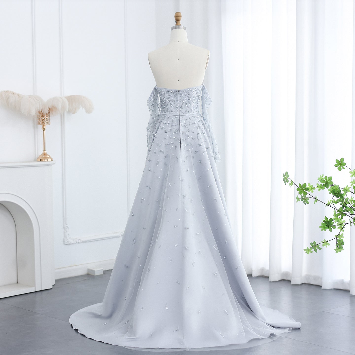 Luxury Silver Gray Evening Dress with Overskirt Sleeves