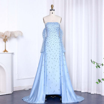 Luxury Silver Gray Evening Dress with Overskirt Sleeves