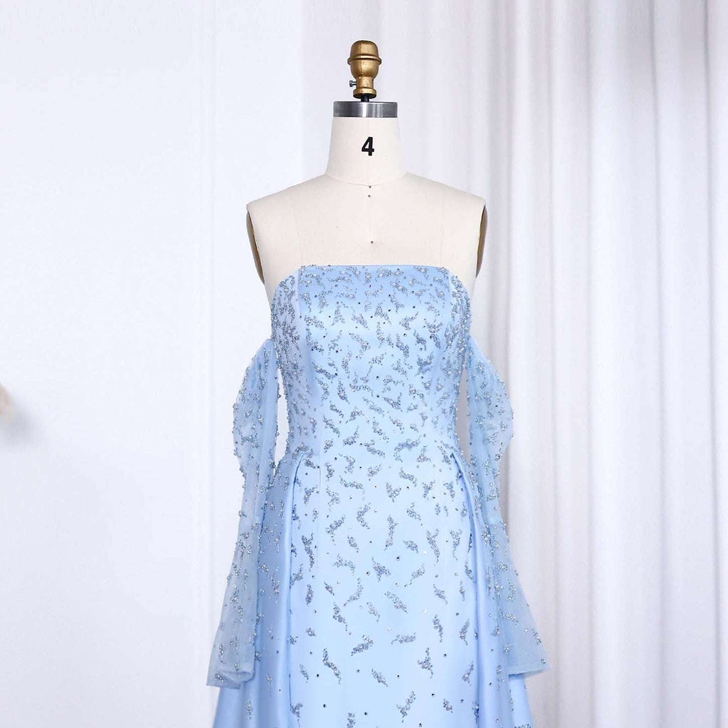 Luxury Silver Gray Evening Dress with Overskirt Sleeves