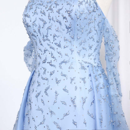 Luxury Silver Gray Evening Dress with Overskirt Sleeves
